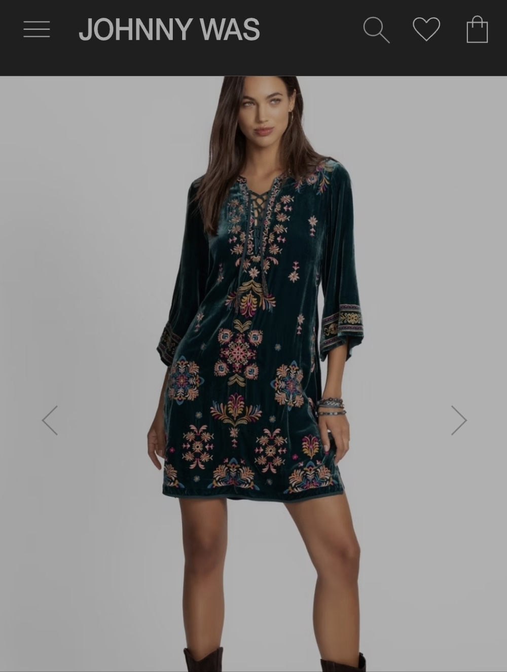 Johnny Was Teal Velvet Embroidered Mini Dress